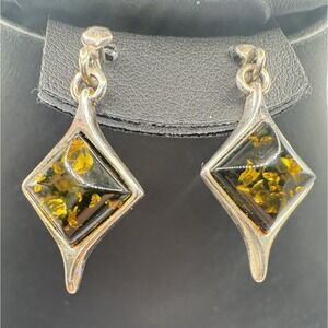 925 Green Amber Dangle Drop‎ Earrings Sterling Silver Square Diamond Shape 1"